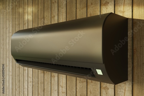 black air conditioner close up side view on wooden wall 3d photo