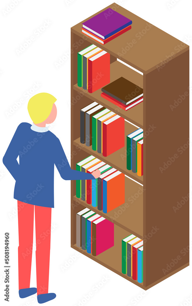 Student taking book at library vector icon bookcase. Male person study at school, college or university reading room. Man at bookstore standing near bookshelf with stacks of books isolated on white