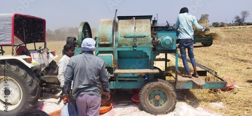 Fotografia After harvesting wheat crop workers separating wheat grains in thresher machine