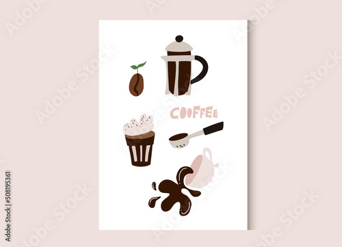 Coffee wall art. Cartoon flat vector illustration isolated on pink background. Poster with mug of hot drink, kettle with coffee, coffee beans, cappuccino.