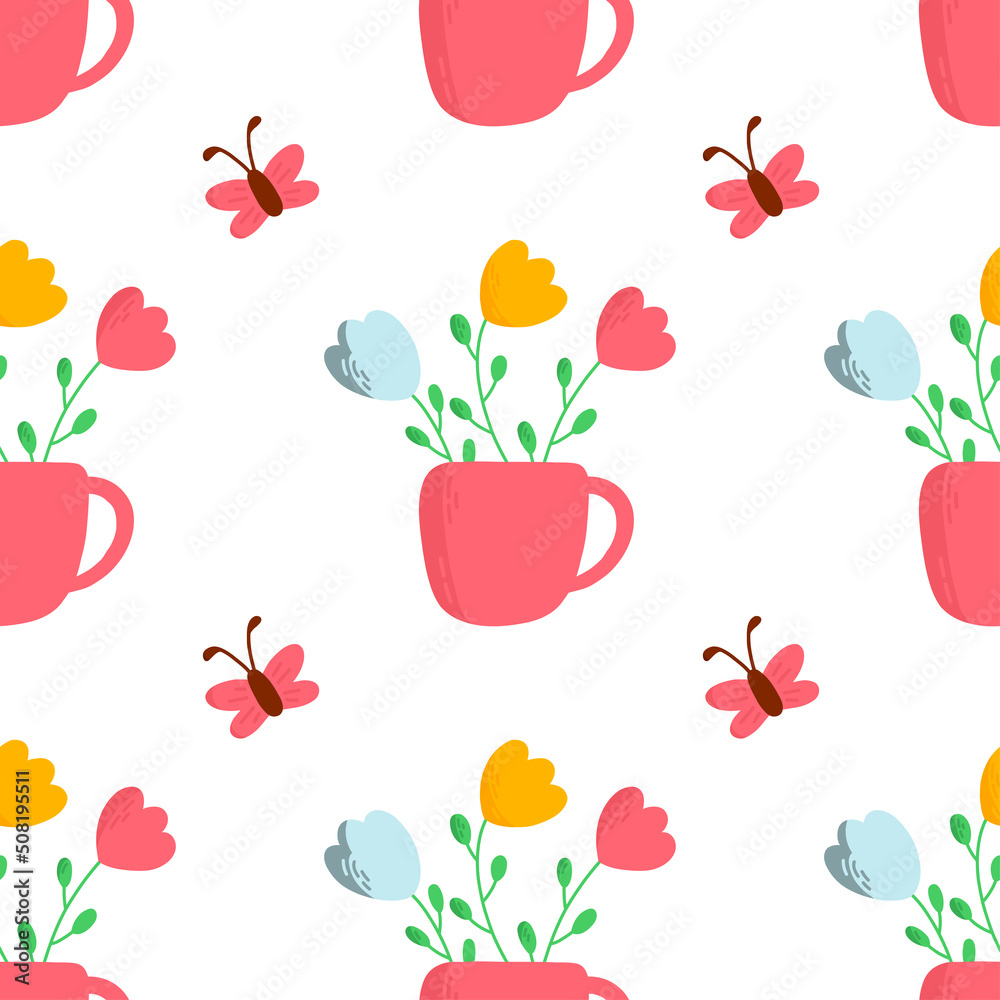 custom made wallpaper toronto digitalCup with flowers and butterfly on the cute seamless summer pattern. Vector hand drawing flat illustration for print, fabric, textile, wrapping paper.