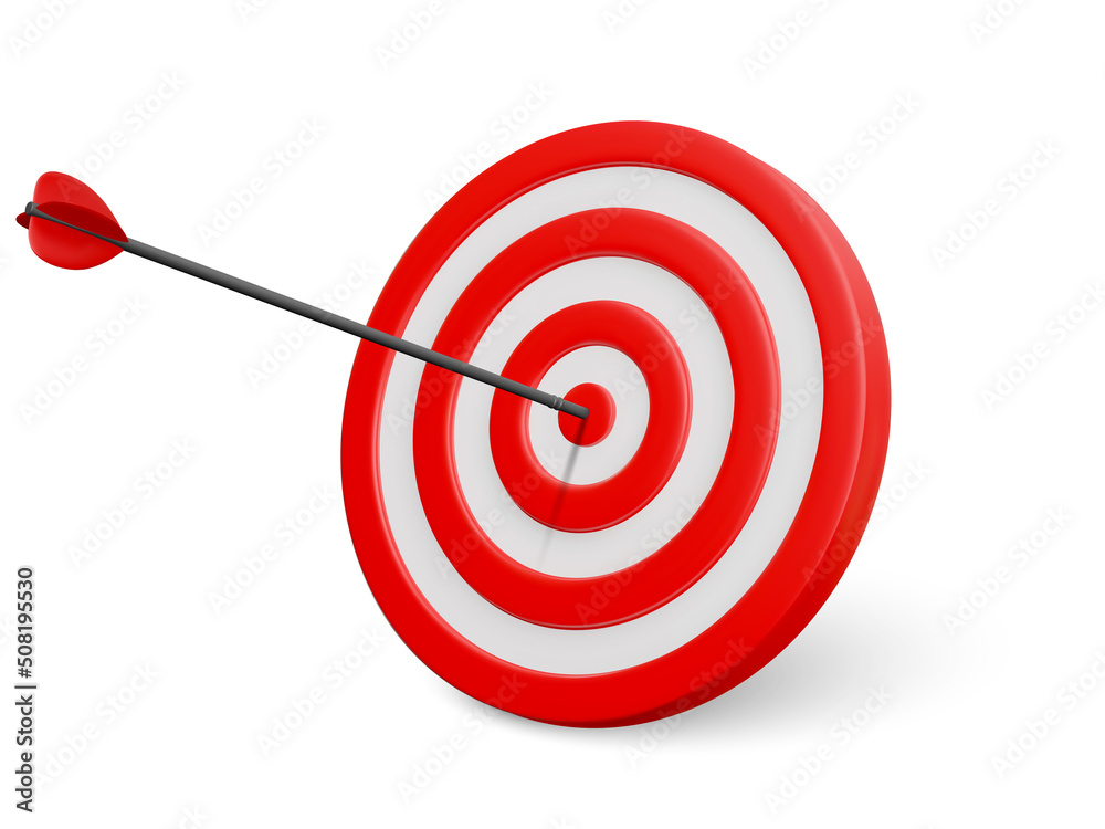 Marketing time concept. Business orientation. Realistic 3D red target with an arrow in the center. Vector illustration Marketing time concept. Business orientation. Realistic 3D red target with an arrow in the center. Vector illustration