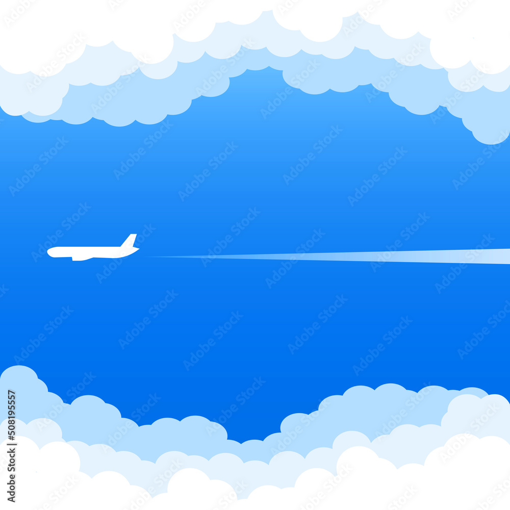 Airplane flying above clouds. Jet plane with exhaust white trail. Blue gradient and white plane silhouette. White and transparent clouds on the blue sky. jpg image Airplane flying above clouds. Jet plane with exhaust white trail. Blue gradient and white plane silhouette. White and transparent clouds on the blue sky. jpg image