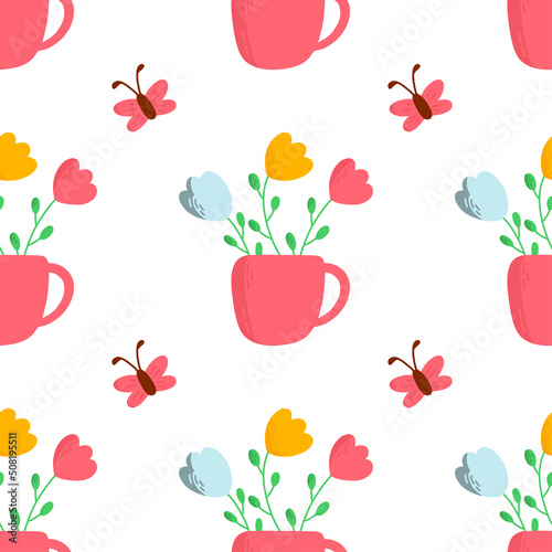 Wallpaper Mural Cup with flowers and butterfly on the cute seamless summer pattern. Vector hand drawing flat illustration for print, fabric, textile, wrapping paper. Torontodigital.ca