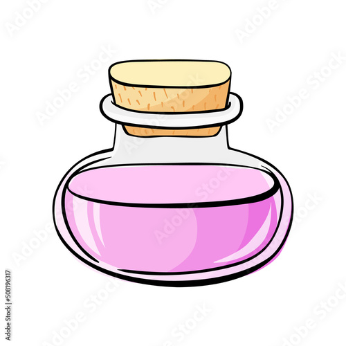 Glass bottle or vial with essential oil. Graphic Print for Product Packaging related to Perfumery, Soaps, Cosmetics, Herbal Medicine, Aromatherapy Essential Oils. Isolated on white background.