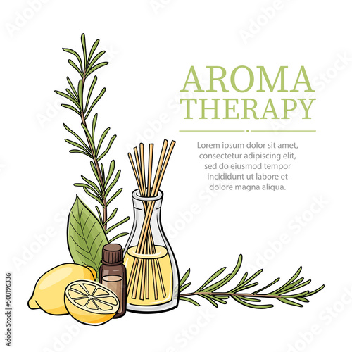 Composition with aromatherapy accessories with essential oil. Reed sticks, essential oil, lemon and rosemary twigs. Good for spa, beauty salon designs. Vector illustration on white background