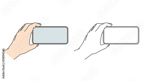 スマホを横向きに持つ片手　素材　イラスト