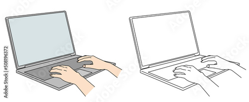 ノートパソコンのキーを打つ手　ななめ　素材　イラスト