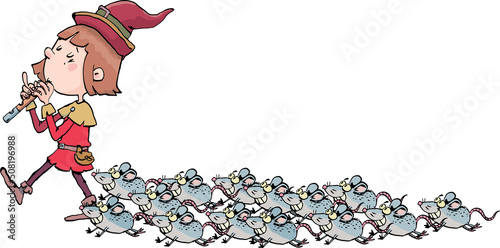 boy plays the magic flute and the mice that follow him
