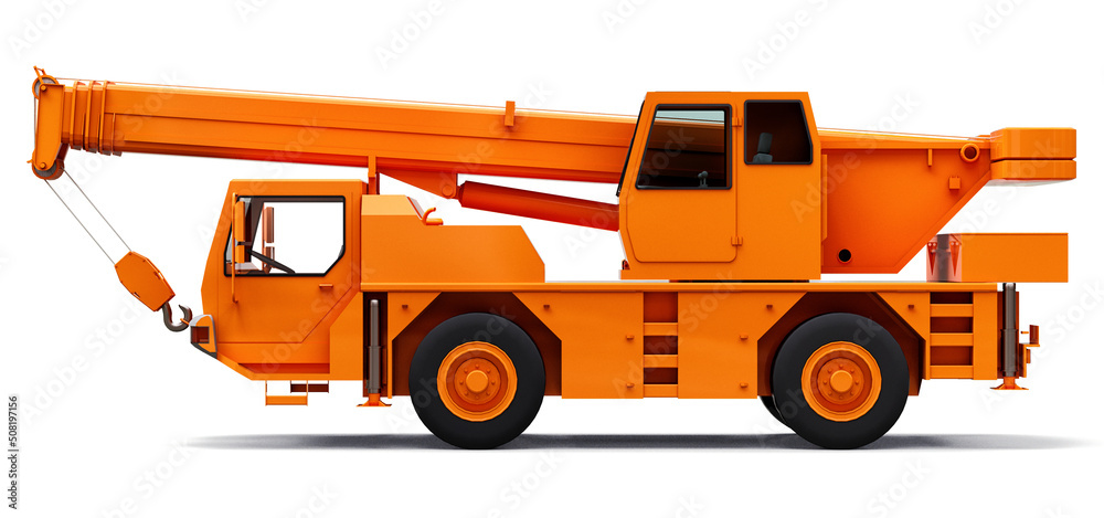 Orange mobile crane. Three-dimensional illustration. 3d rendering.