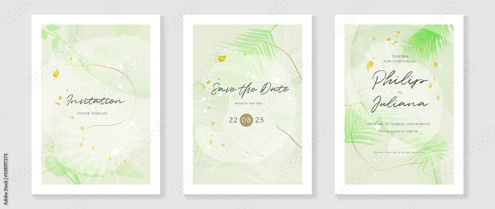 Fototapeta premium Luxury botanical wedding invitation card template. Green watercolor card with gold glitters, foliage, tropical palm leaves. Elegant leaf branch vector design suitable for banner, cover, invitation.