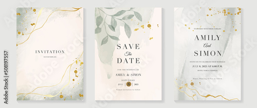 Luxury botanical wedding invitation card template. Minimal watercolor card with gold line art, foliage, eucalyptus leaves. Elegant leaf branch vector design suitable for banner, cover, invitation. photo
