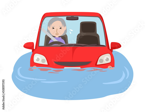 冠水した道路で立ち往生する車と高齢女性
