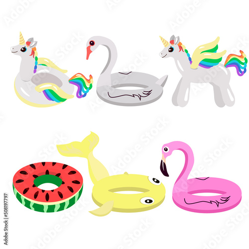 A set of inflatable swimming circles unicorn swan flamingo watermelon fish isolated on a white background.Vector illustration for textiles.packages.postcards  summer designs.