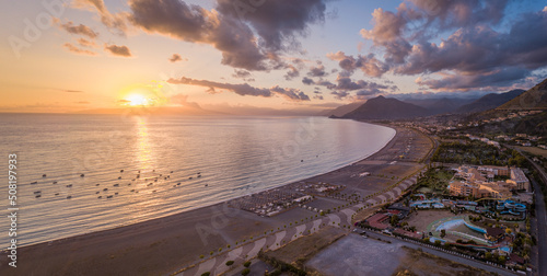 aerial view of San Nicola Arcella at sunset, Cosenza, Calabria, Italy photo