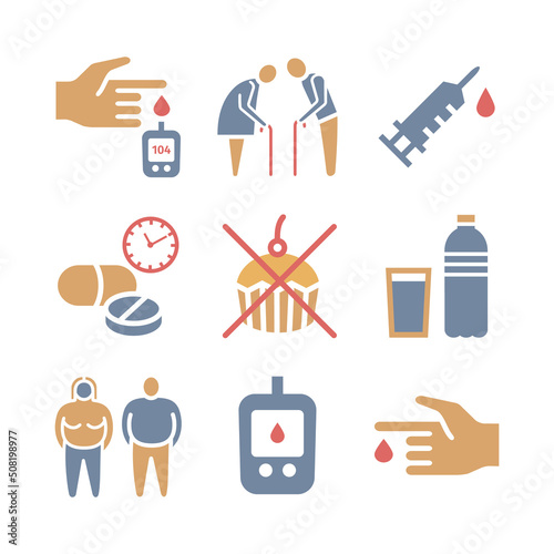 Diabetes Mellitus Symptoms and Symbols. Diabetes icons set.
