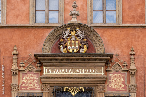 Sticker Detail on the facade in the Old Town Hall in the center of Prague, Czech Republic