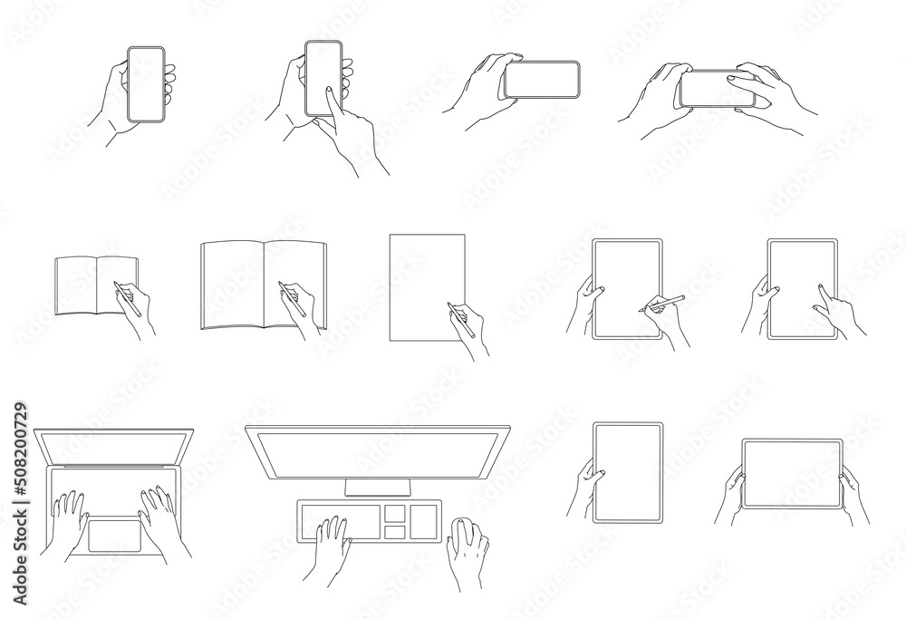 スマホ タブレット パソコンなどを操作する手 色無し セット イラスト スマホ タブレット パソコンなどを操作する手 色無し セット イラスト