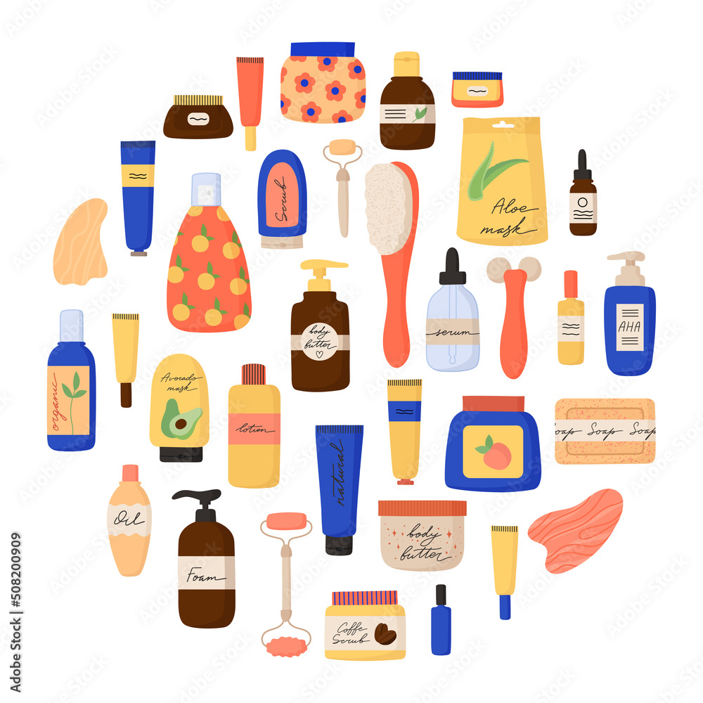 Skin care products set flat. Colorful bottles, glass jars, tubes. Anti-aging Cosmetics collection. Woman skincare products. Natural face care. Hand drawn vector illustration isolated on white.