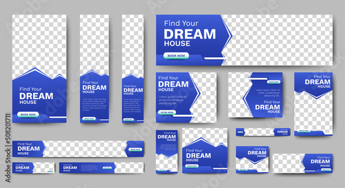 Real Estate web banner design template Set. Vertical, Horizontal and Square banners with standard size and place for photos. Vector design EPS