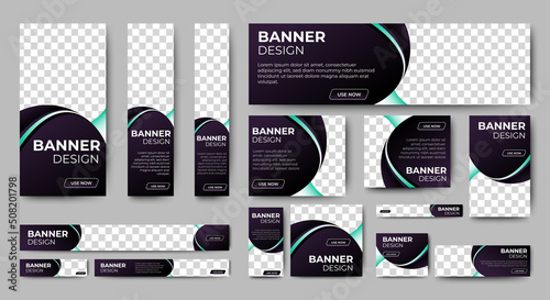 set of creative web banners of standard size with a place for photos. Gradient black. Business ad banner. Vertical, horizontal and square template