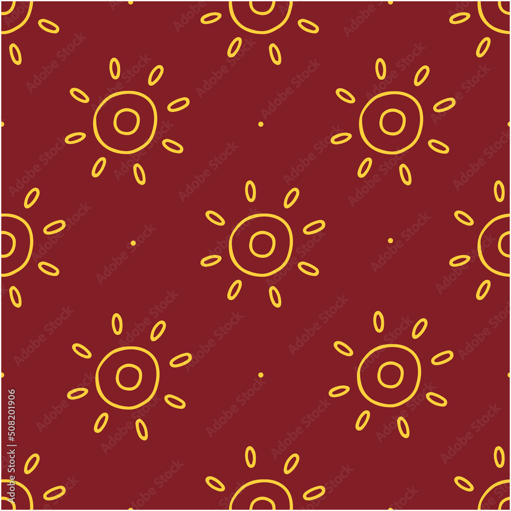 Hand drawn boho seamless pattern with gold sun symbol on red background. Illustration background. Hand drawn boho seamless pattern with gold sun symbol on red background. Illustration background.