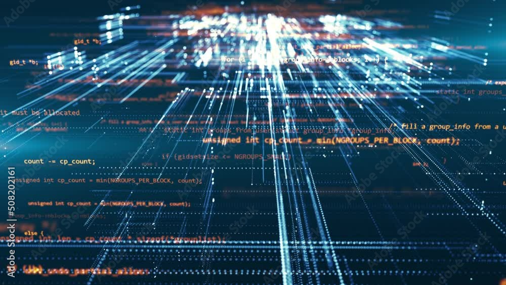3D programming code abstract technology background of software developer and computer script. Running hud text. Security or hacking. Modern hi-tech software development and blockchain concept