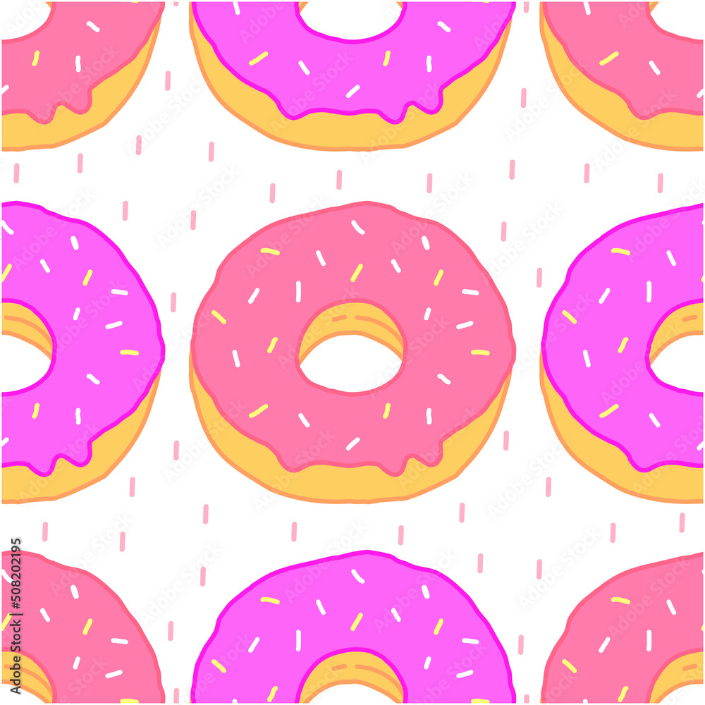 Seamless pattern with cute pink donuts in cartoon style. Food illustration background. Seamless pattern with cute pink donuts in cartoon style. Food illustration background.