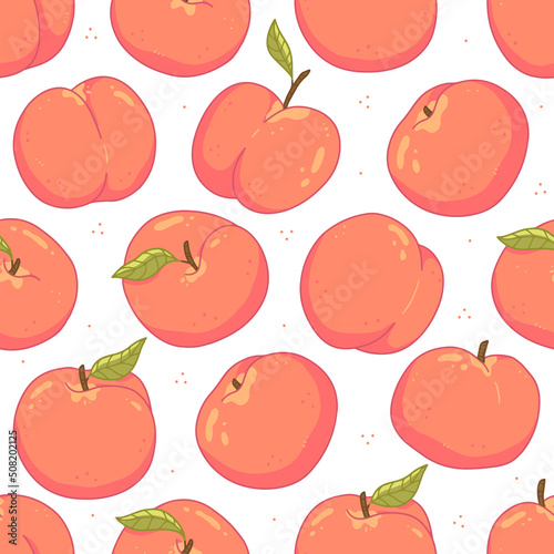 Seamless fruit pattern with peaches and leaves on a white background. Illustration background.
