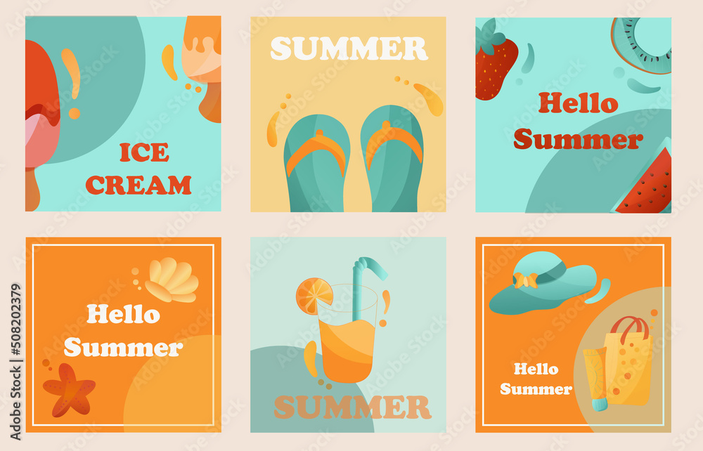 Vector summer background with summer related objects and cute lettering. Design postcard.