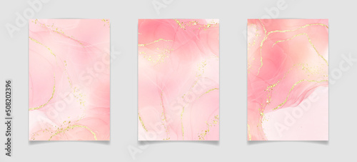 Rose pink liquid watercolor background with golden dots. Dusty blush marble alcohol ink drawing effect. Vector illustration design template for wedding invitation, menu, rsvp