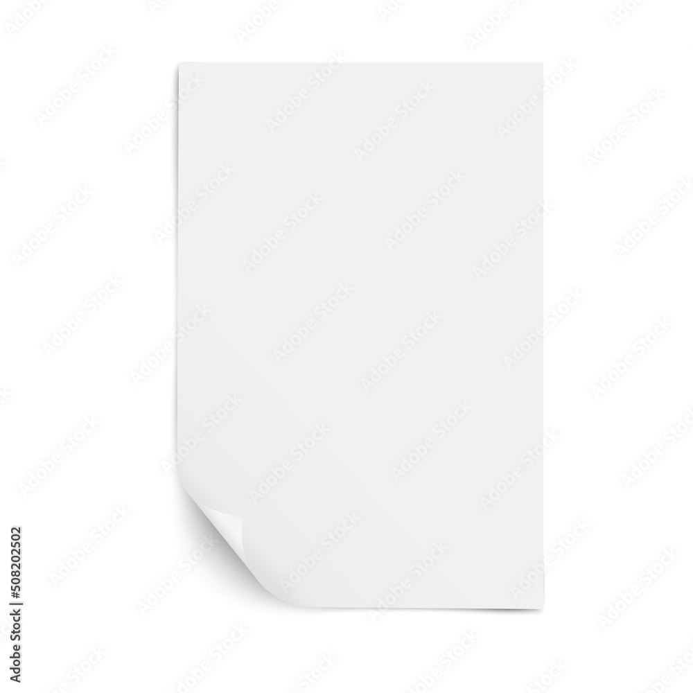 A sheet of white paper with a bent lower left corner with a shadow under it, isolated on a white background. A sheet of white paper with a bent lower left corner with a shadow under it, isolated on a white background.