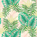 Abstract seamless tropical pattern with bright plants and leaves on a delicate background. Beautiful seamless vector floral pattern. Exotic wallpaper. Colorful stylish floral.