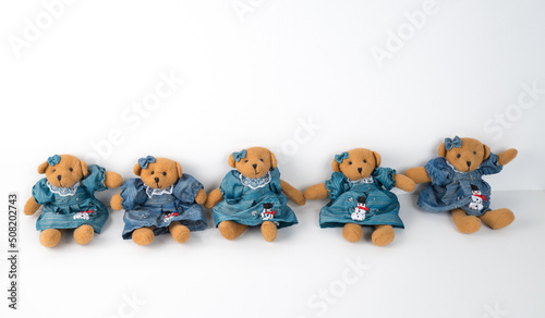 Small soft teddy bears isolated on white background. Cheerful group of vintage teddy bear girls twins in a dress.