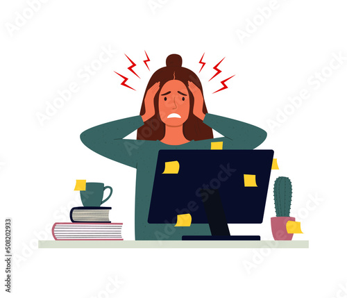 Emotional burnout. A tired female employee is sitting at the table. Burnout of the employee.Hard work. Long working day in the office. Mental health problem. Flat vector illustrations.
