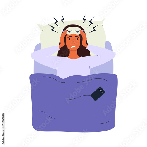 A flat vector cartoon illustration of a woman lying in bed and unable to fall asleep. The concept of insomnia, sleep disorders, headache, feeling of tension, obsessive thoughts.