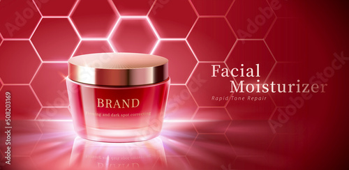 Red hexagon facial cream ad banner