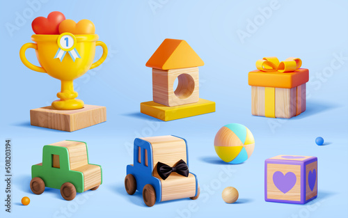 Set of 3d cute wooden toys