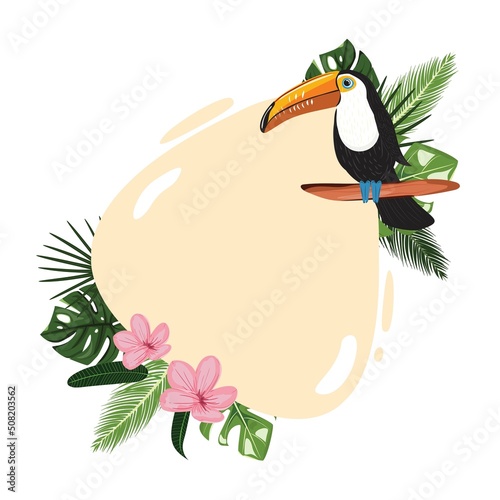 Illustration with black toucan bird with tropical leaves and pink frangipani flowers. 