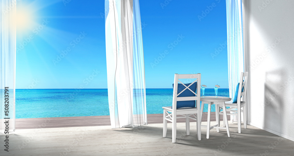 Sommerferien am Mittelmeer mit Sitzgruppe mit Tisch und Stuhl als Symbol für Urlaub, Erholung und Entspannung
