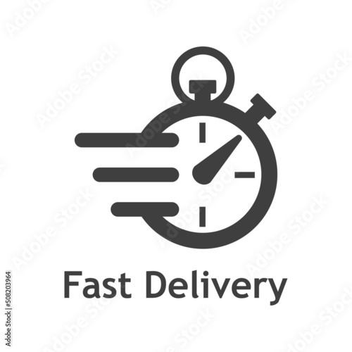 Logo de entrega urgente. Icono de cronómetro con líneas de velocidad y texto Fast Delivery para servicio, pedido, envío rápido y gratuito