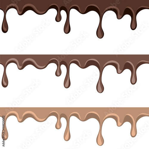 Set of melted dark, white and milk sweet chocolate dripping seamless. Liquid chocolate on a white background. Hand drawn vector illustration.