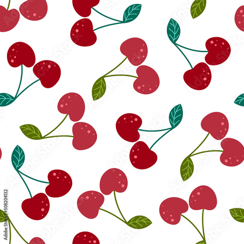 Seamless pattern with cherries in random order on a white background