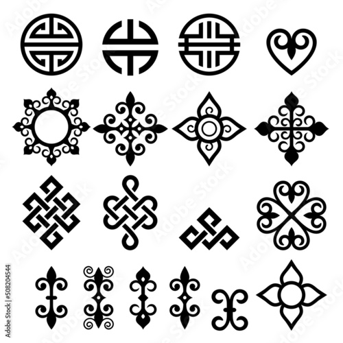 Mongolian traditional vector design elements set with symbols, flowers, and geometric or celtic shapes, oriental folk art style patterns collection
