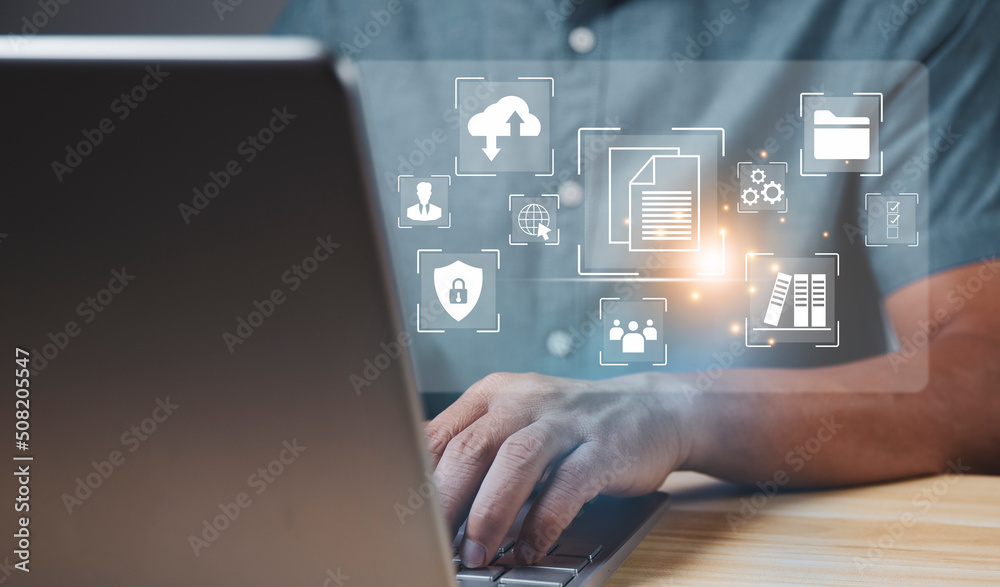 Businessman using laptop showing cloud computing diagram cloud technology data storage network and internet service concept Businessman using laptop showing cloud computing diagram cloud technology data storage network and internet service concept