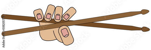 Hand holding drumsticks on white background in in cartoon style