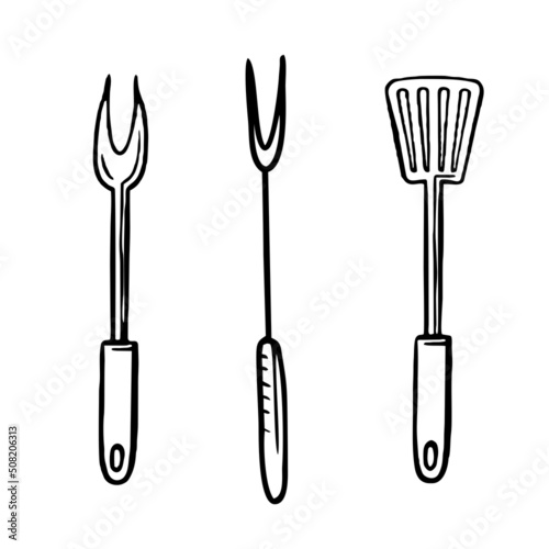 Barbecue appliances hand-drawn. Doodle kitchen accessories. Vector illustration