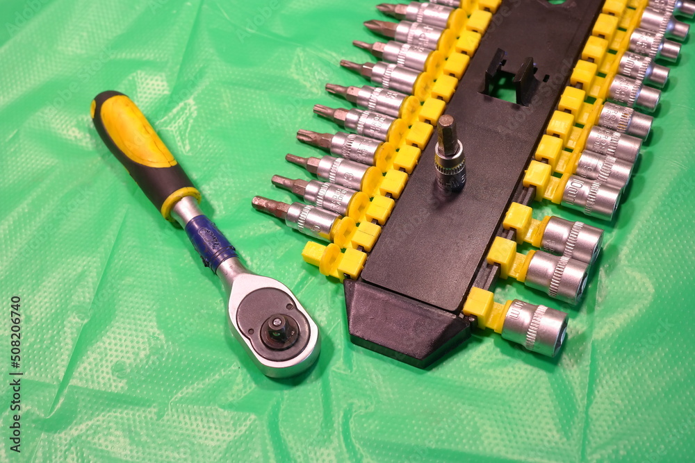 wrench tool. Tools head crank, ratchet, imbus keys. screwdrivers