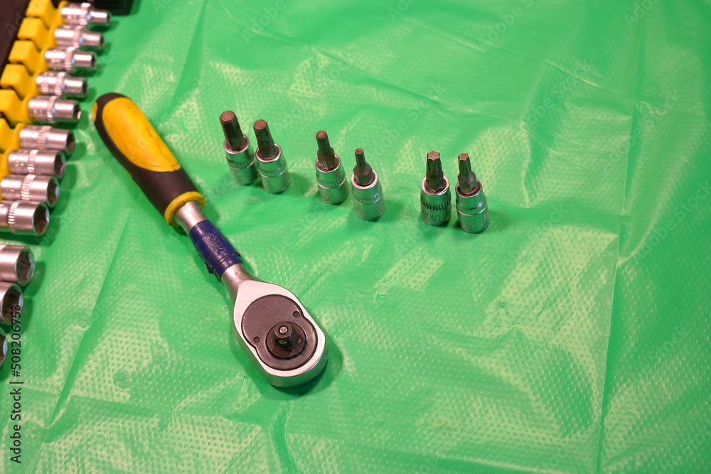 wrench tool. Tools head crank, ratchet, imbus keys. screwdrivers