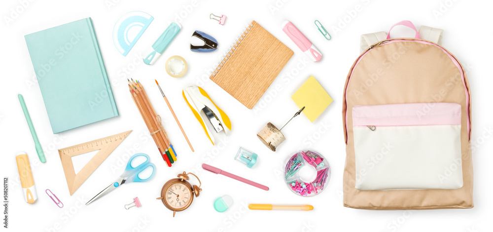 Education supplies and tools for children study on white background